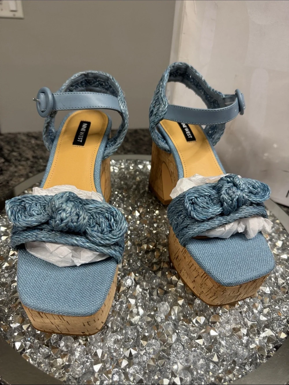 Nine West Comiele Light Blue Braided Cork Platform Sandals NEW 8.5